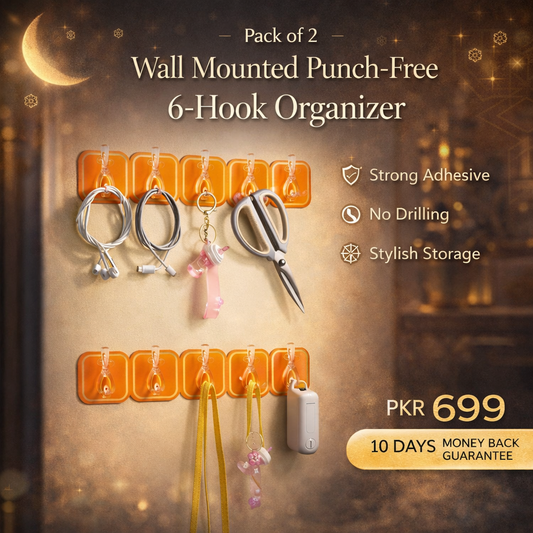 (Pack of 2) Wall Mounted Punch Free Strong Self Adhesive Stylish 6 Hook in Row For Home and Outdoor Use