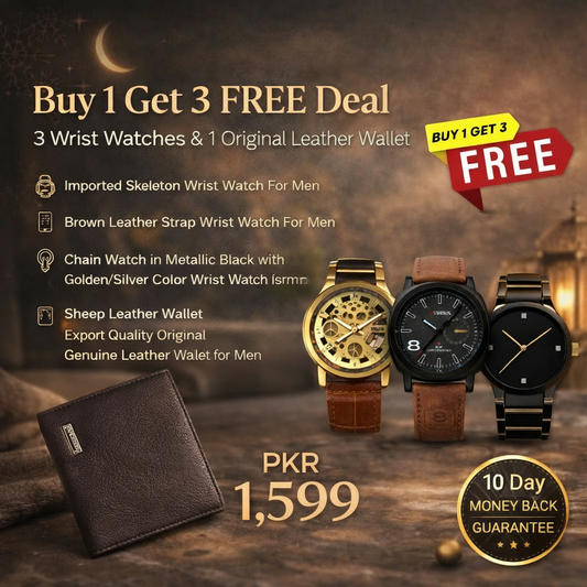 Buy 1 Get 3 Free Deal 3 Wrist Watches & 1 Original Leather Wallet