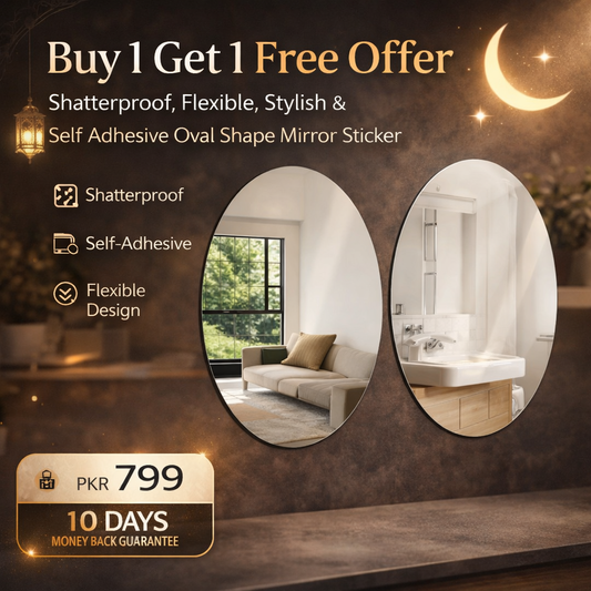Buy 1 Get 1 Free Offer - Shatterproof, Flexible, Stylish and Self Adhesive Oval Shape Mirror Sticker (2 Pcs)