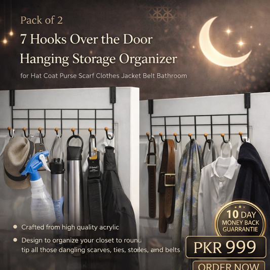 (Pack of 2) 7 Hooks Over the Door Hanging Storage Organizer for Hat Coat Purse Scarf Clothes Jacket Belt Bathroom