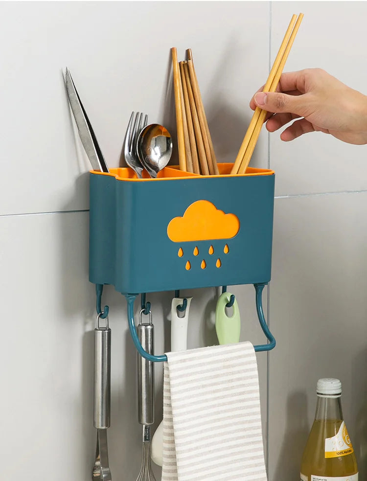 Kitchen Cloud Shelf Wall Mounted Cutlery Drainer Rack With 4 Hooks & Towel Holder for Kitchen