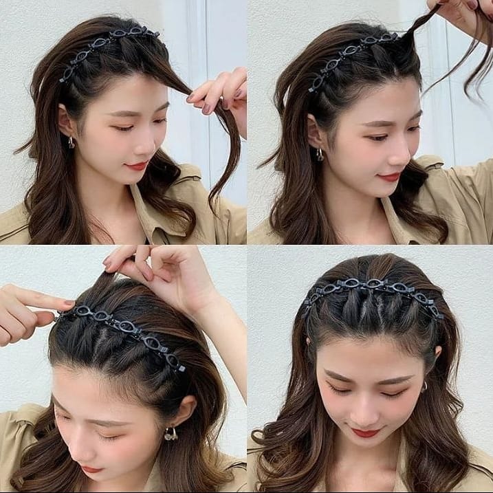 (Pack of 3) Double Layer Twist Plait Fashion Hair Hoop Headband with 8 Small Clips For Women