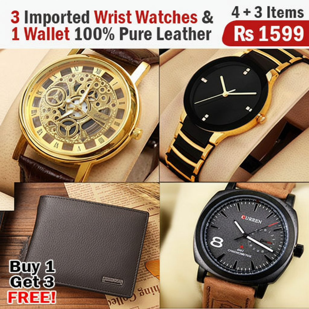 Buy 1 Get 3 Free Deal 3 Wrist Watches & 1 Original Leather Wallet Rs 1599